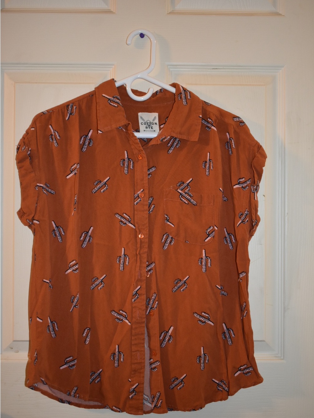 Cotton & Rye Rust-Orange Short Sleeve Button-Up Blouse with Cactus Print